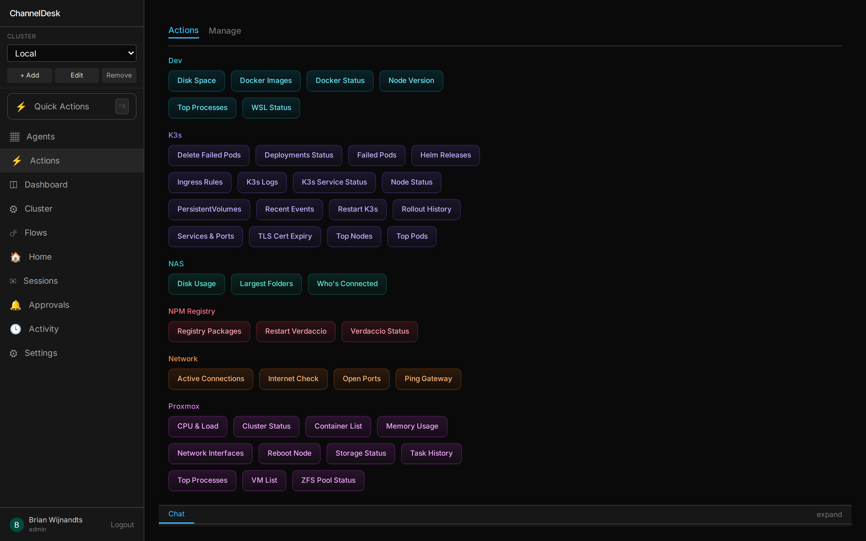 ChannelDesk Quick Actions — categorised buttons across Dev, K3s, NAS, NPM Registry, Network and Proxmox; every action is also exposed as an MCP tool