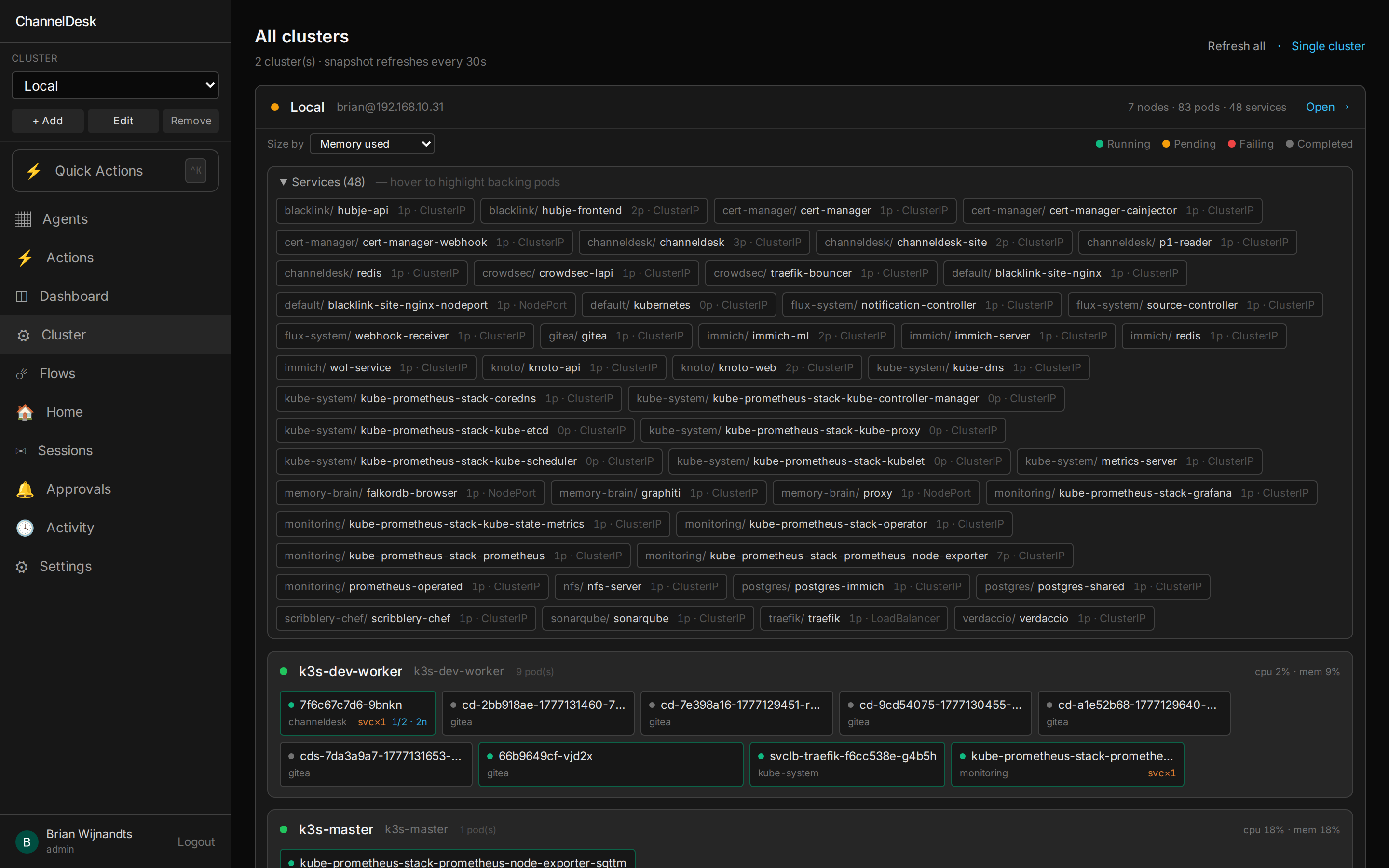 ChannelDesk Cluster page — health banner, problems pane, events feed, per-node cards with CPU/Mem and Wake/Shutdown controls