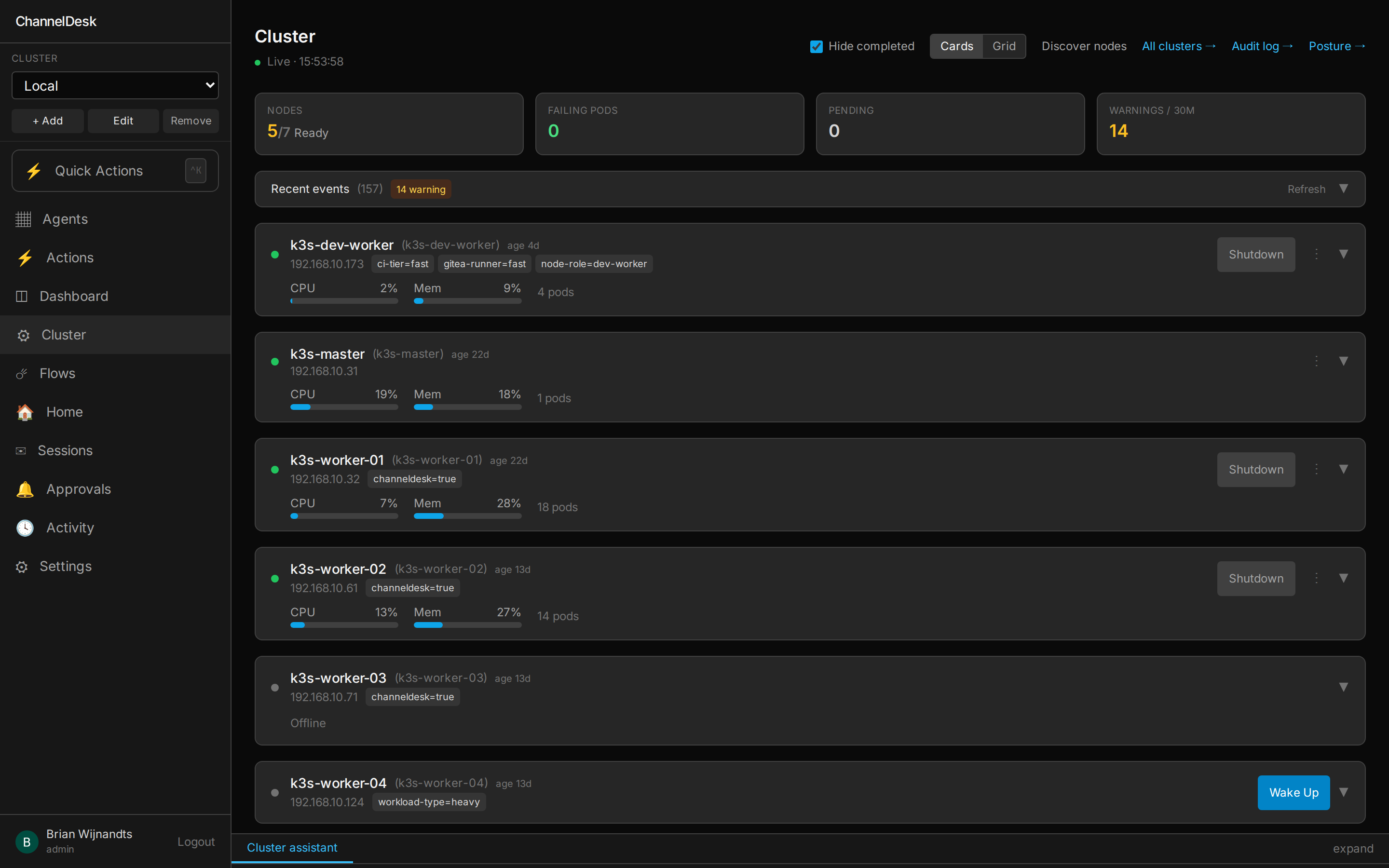 ChannelDesk Cluster page after install — k3s node cards with live CPU/Mem and Wake/Shutdown controls