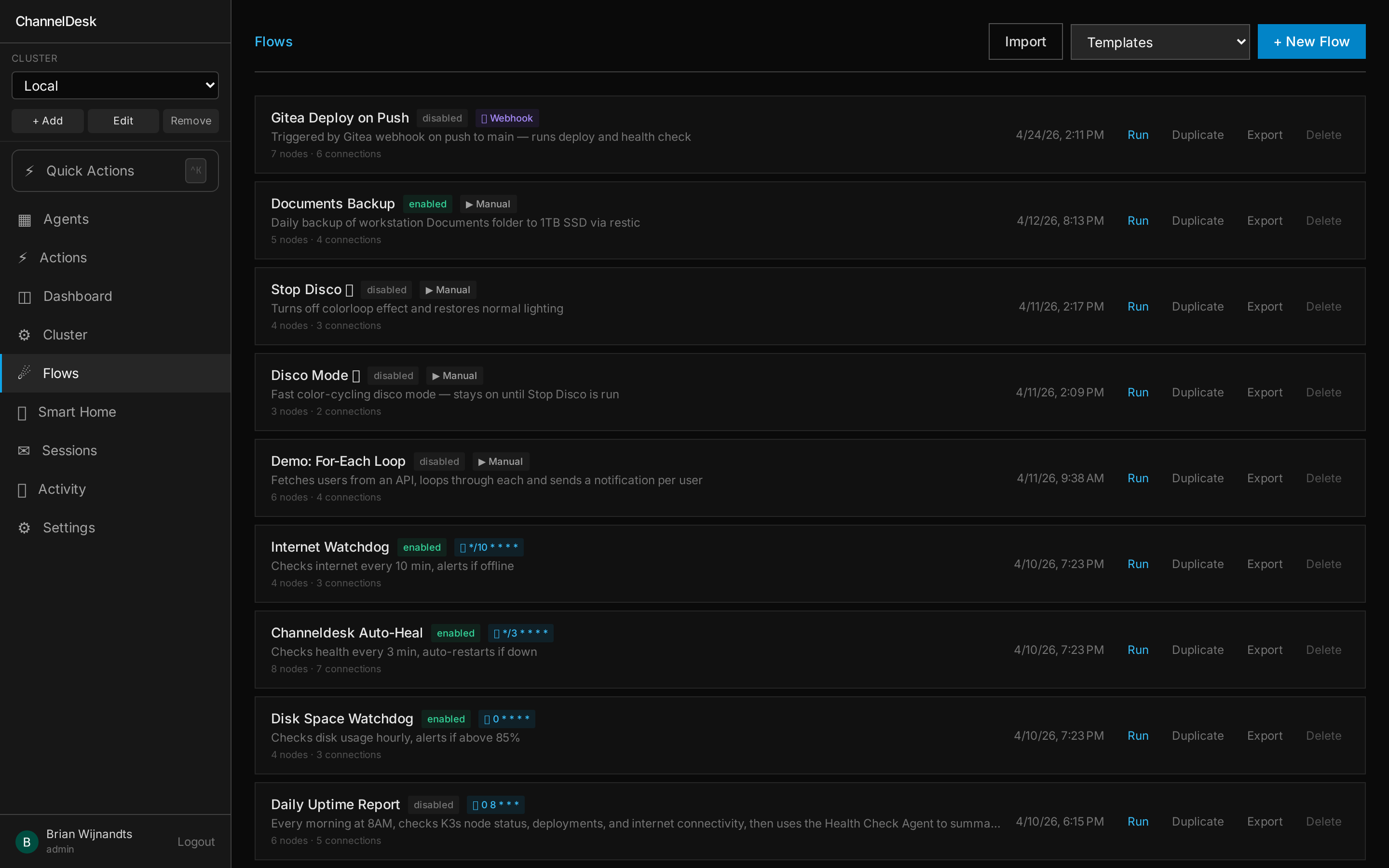 ChannelDesk Flows — list of automations with cron, webhook and manual triggers, plus enabled/disabled state