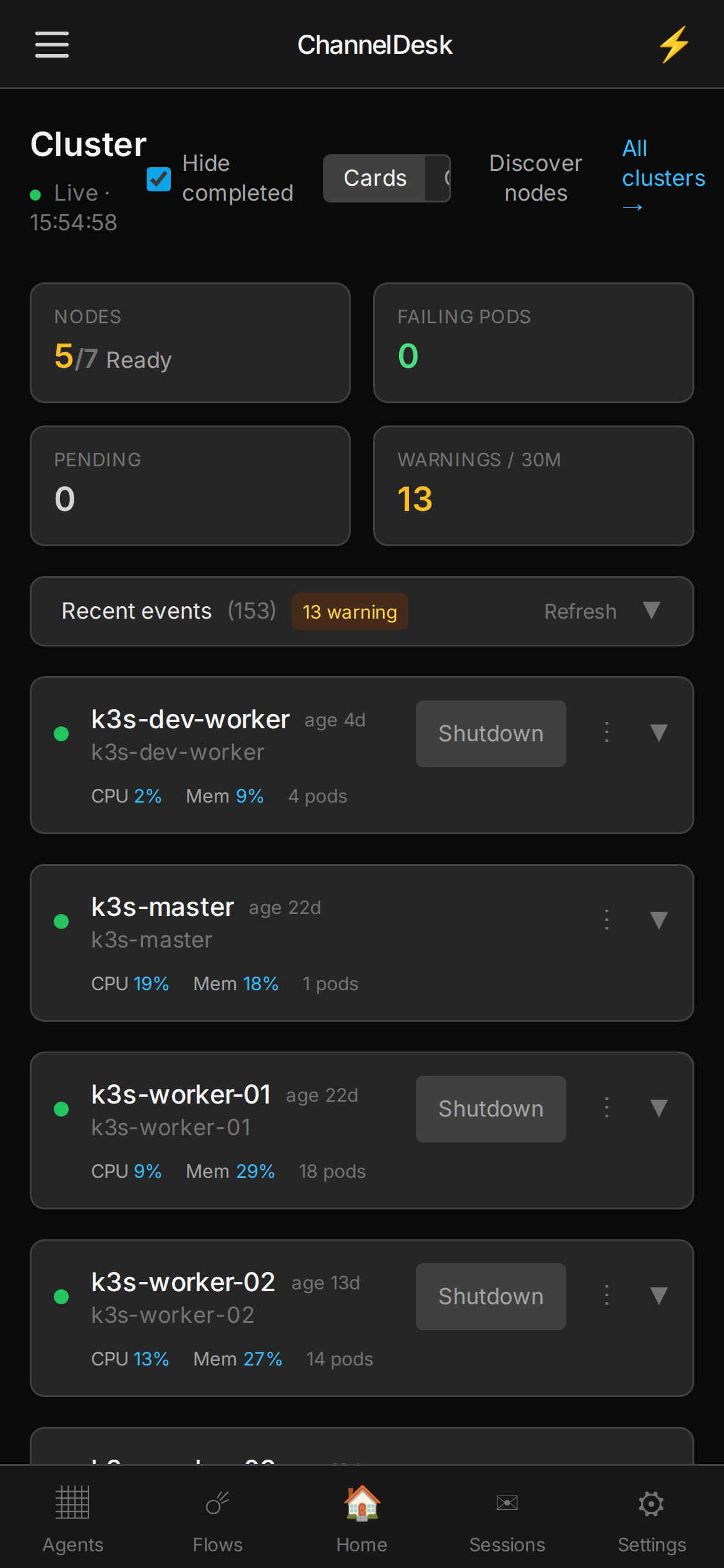 ChannelDesk PWA on mobile — Cluster page with k3s node cards, CPU/Mem and Wake/Shutdown controls