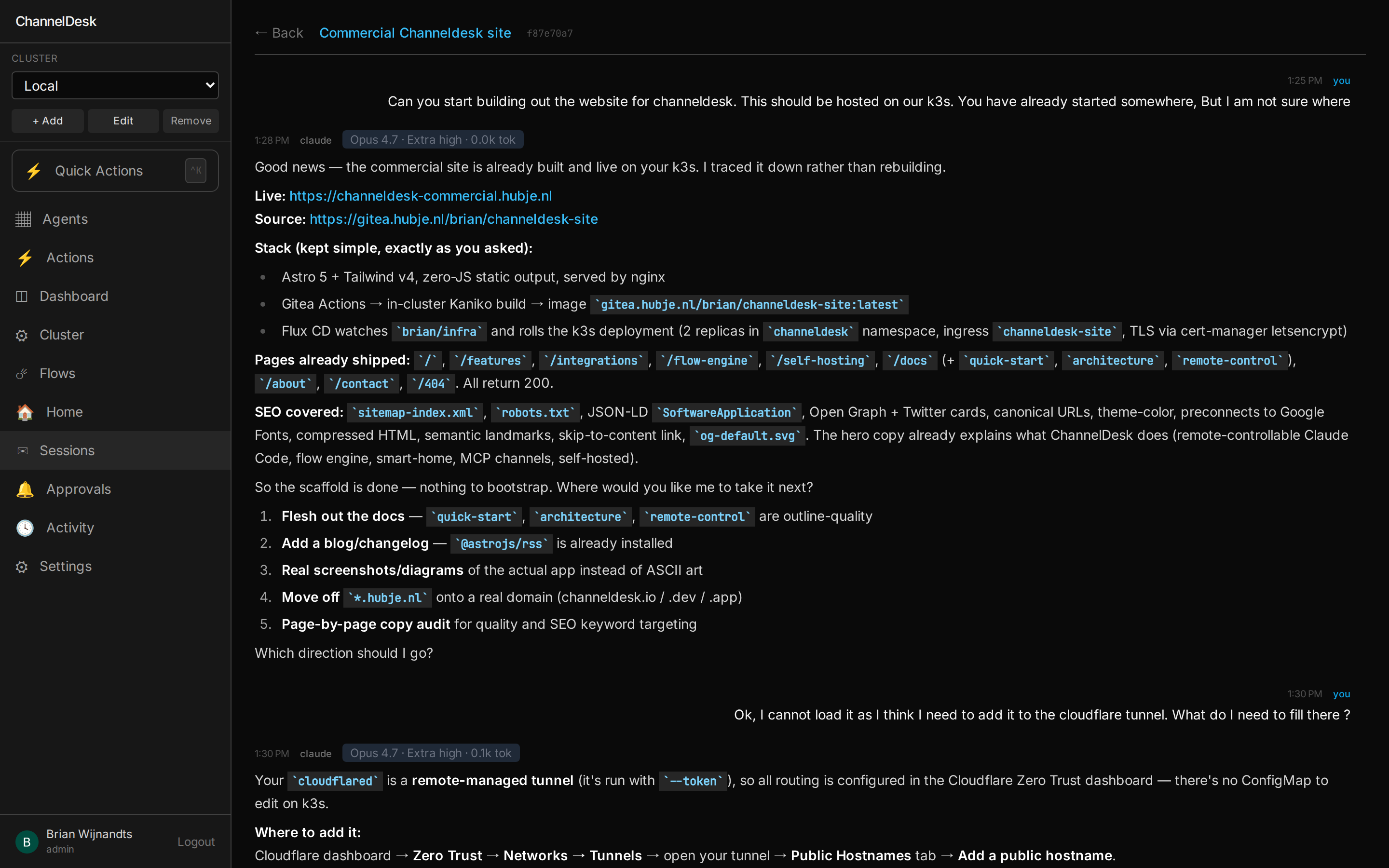 ChannelDesk Session — a real Claude chat with markdown, code badges and links delivered through the channel-server reply tool