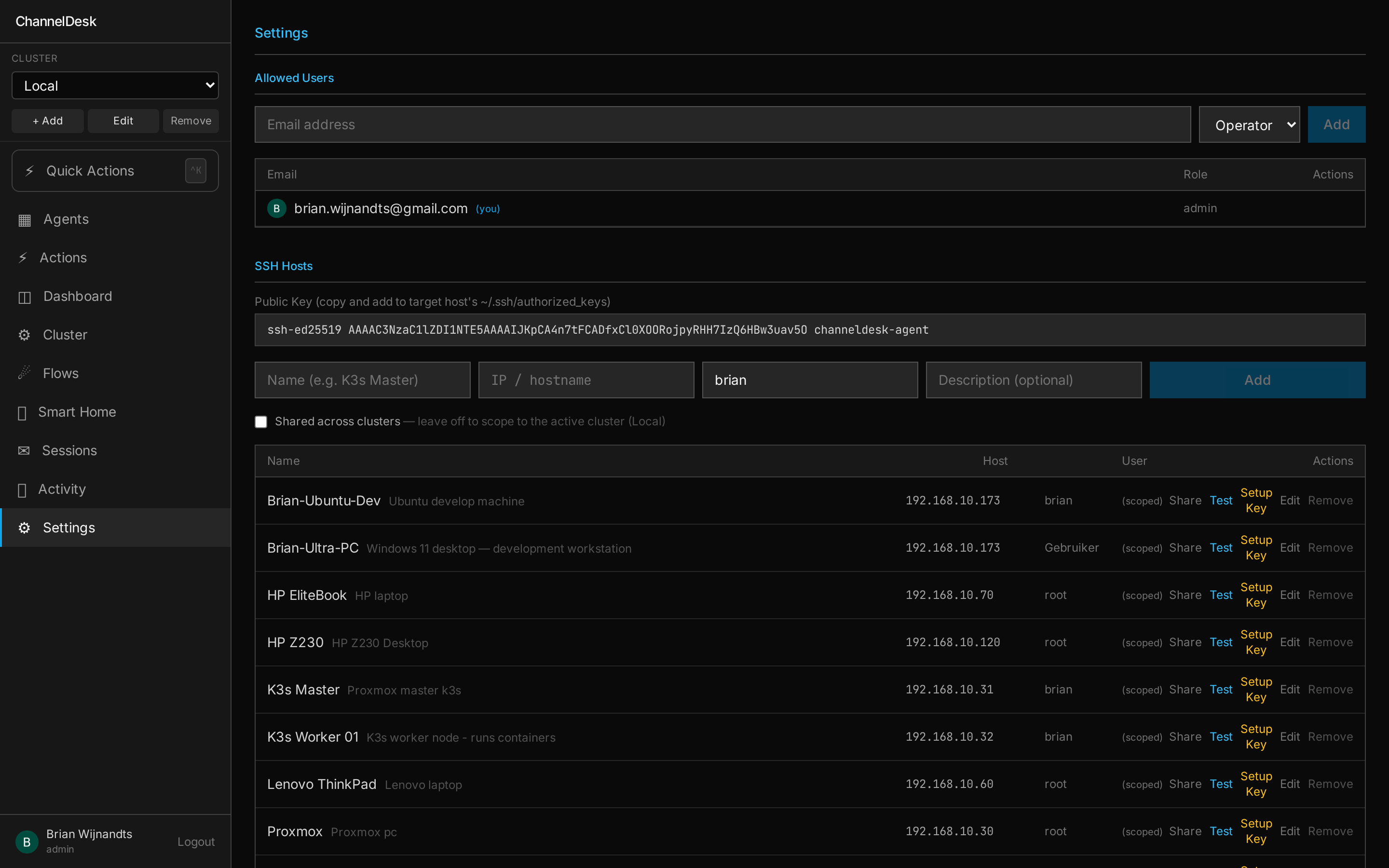 ChannelDesk Settings — SSH Hosts panel listing enrolled machines (k3s-master, k3s-worker-01, raspberry-pi, synology-nas) with status indicators, last-seen timestamps and an Add Host button